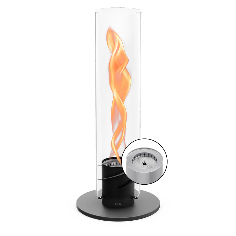 A glass cylinder with a flame inside the 00628 Spin 1500 Tablefire black complements the moment with its thoughtful design.