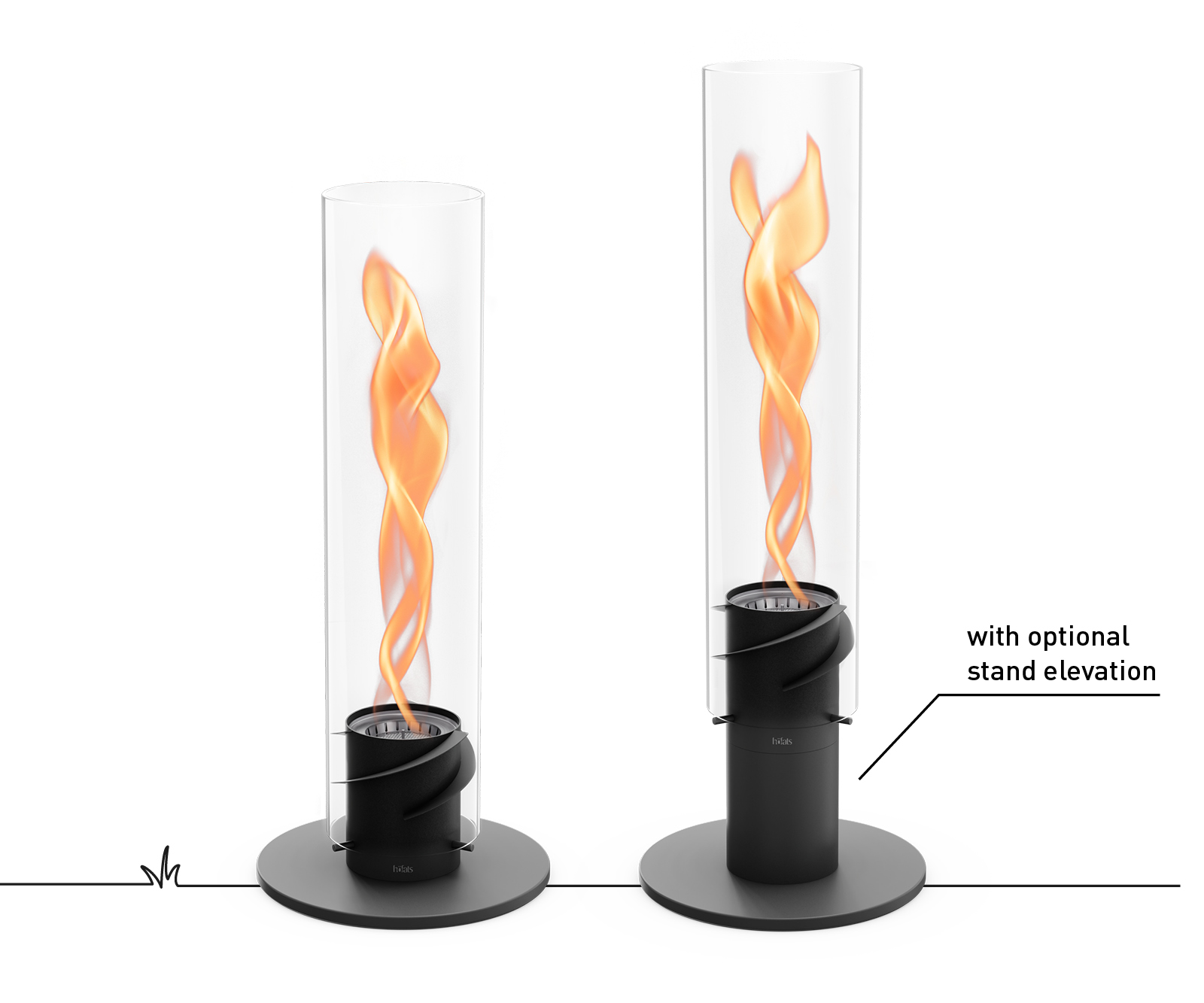 The flame of SPIN 1500 black is shown along with the stand elevation for optimal use