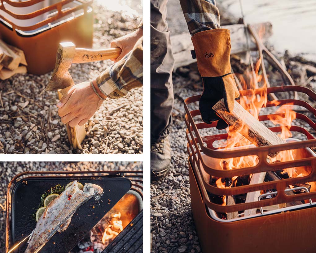 A view of a person cooking fish on a grill