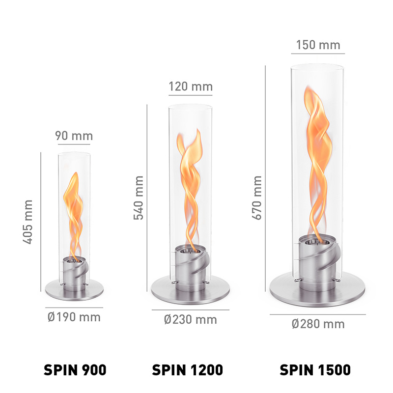 SPIN 1200 Tabletop Fireplace silver Scene showing SPIN Tablefire flames are available in various sizes