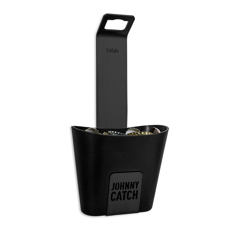 A black plastic container with a black steel handle, showing the 00842 Johnny Catch Cup Black Bottleopener, which merges design with utility.