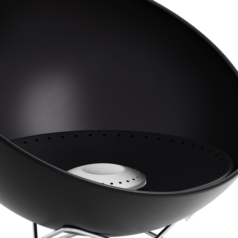 The photo presents a black barbecue grill with a lid, with the BOWL 57 Ash Tray.