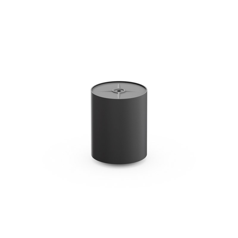 SPIN 900 Stand Elevation black The 00038 SPIN 900 Stand Elevation black is shown as a black metal cylinder with a white background, creating a stylish and accessible visual.