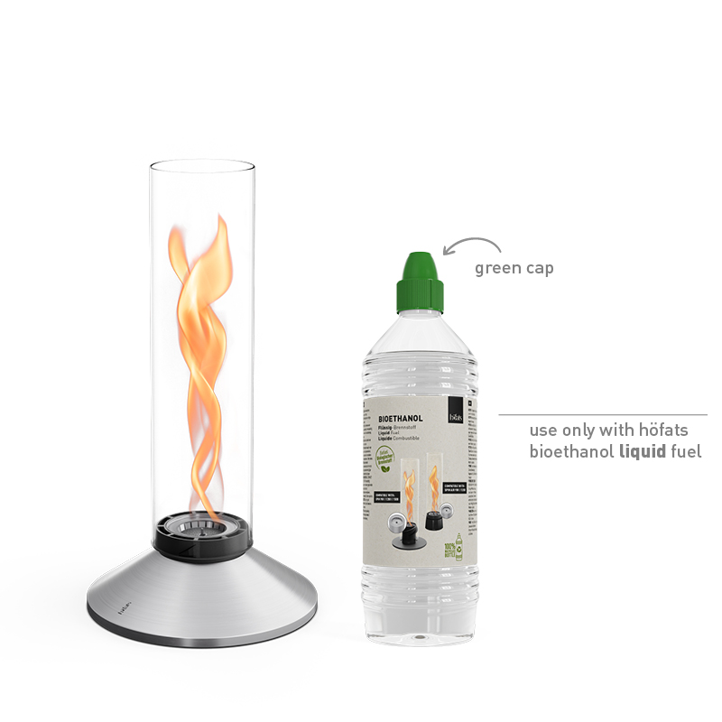 SPIN X 1200 Tischfeuer silber Studiobild, daneben Bioethanol flüssig Studiobild