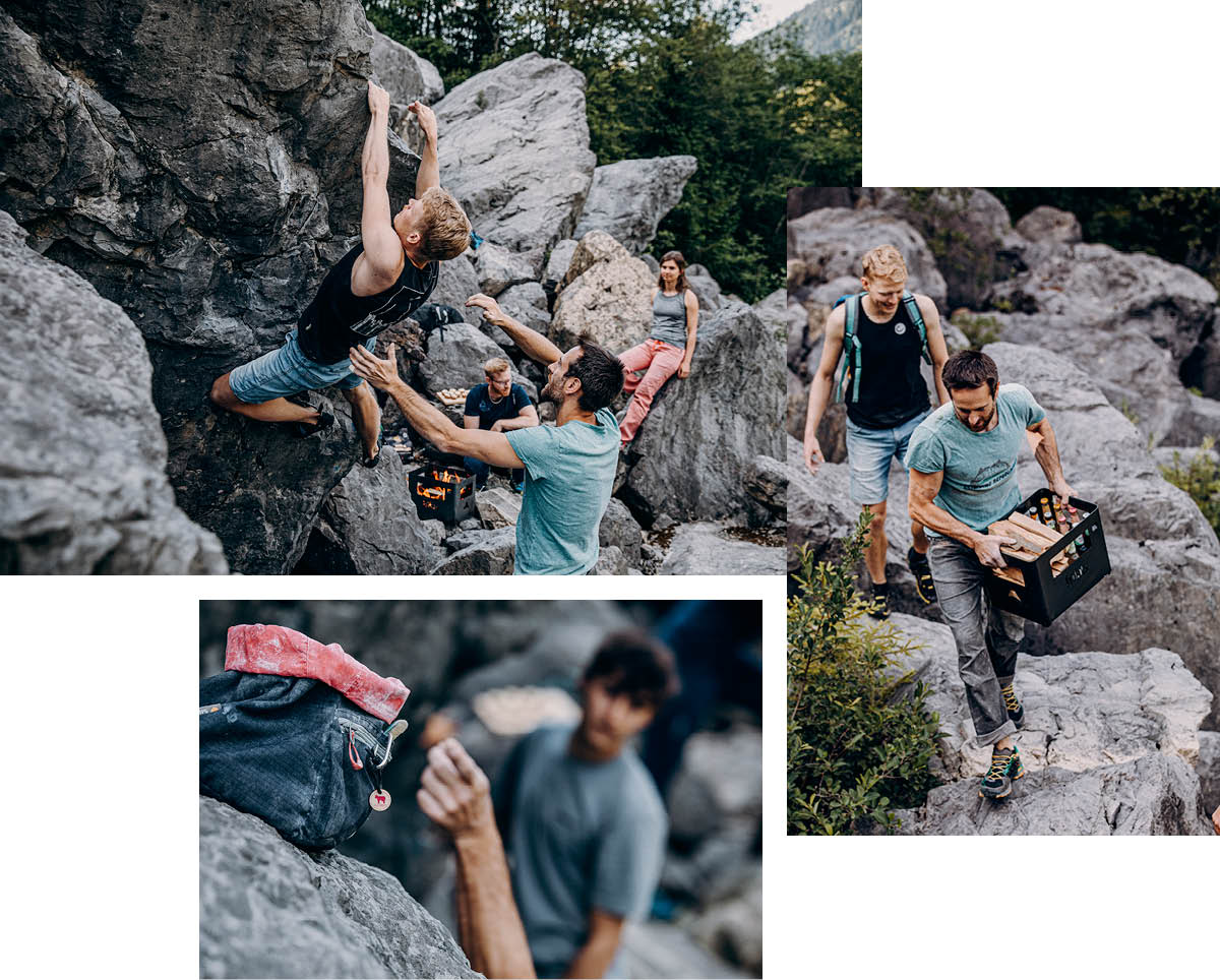 This image shows a man climbing up a rock while another man holds a camera, with the BEER BOX Fire Basket.