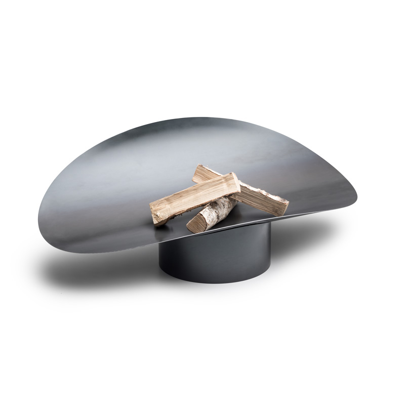 Depicted here is a black and white sculpture with a piece of wood, with the ELLIPSE Fire Bowl.