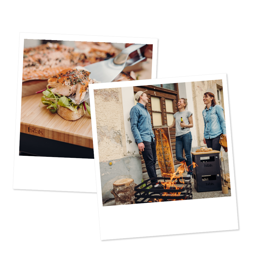 This image shows two pictures of people cooking on a grill, with the SPIN 1200 Base grey.