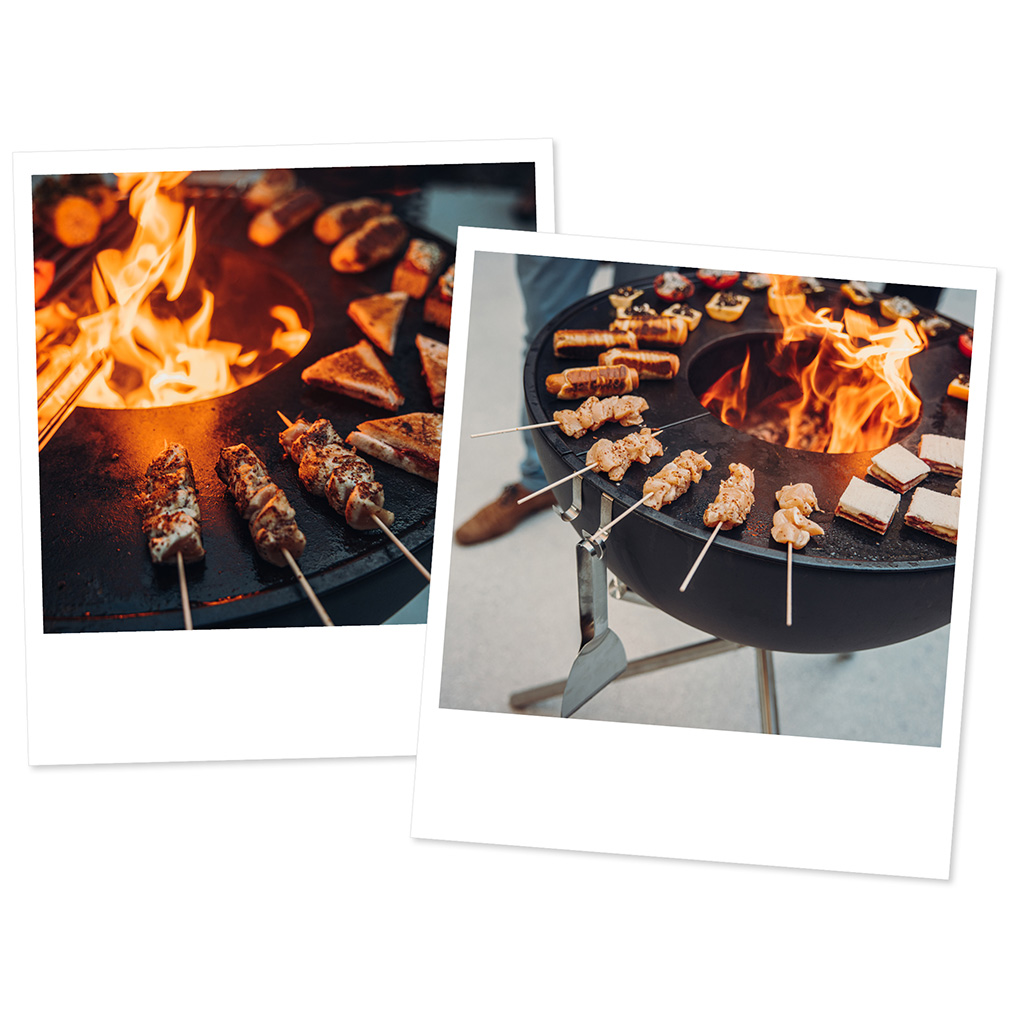 two pictures of food cooking on a grill