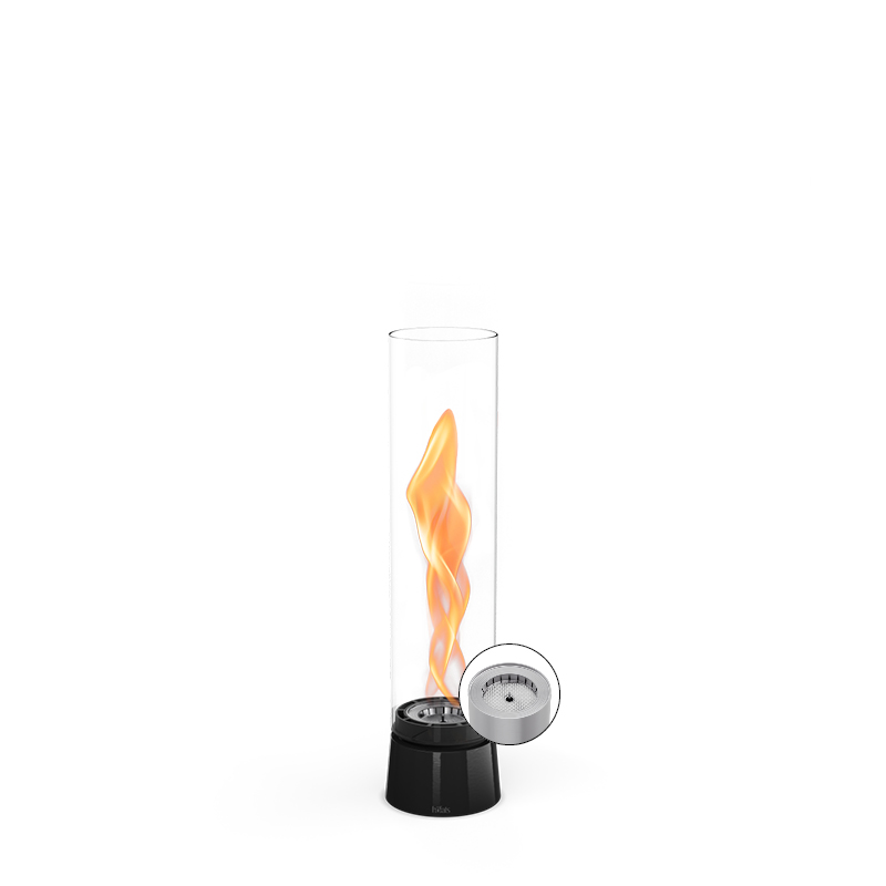 The 00776 Spin Air 900 Tablefire Emaille black is shown as a glass cylinder with a flame inside, creating a stylish and accessible visual.