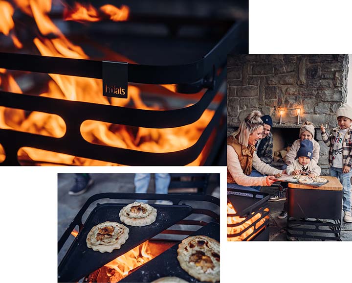 a collage of photos of people cooking food on a grill.