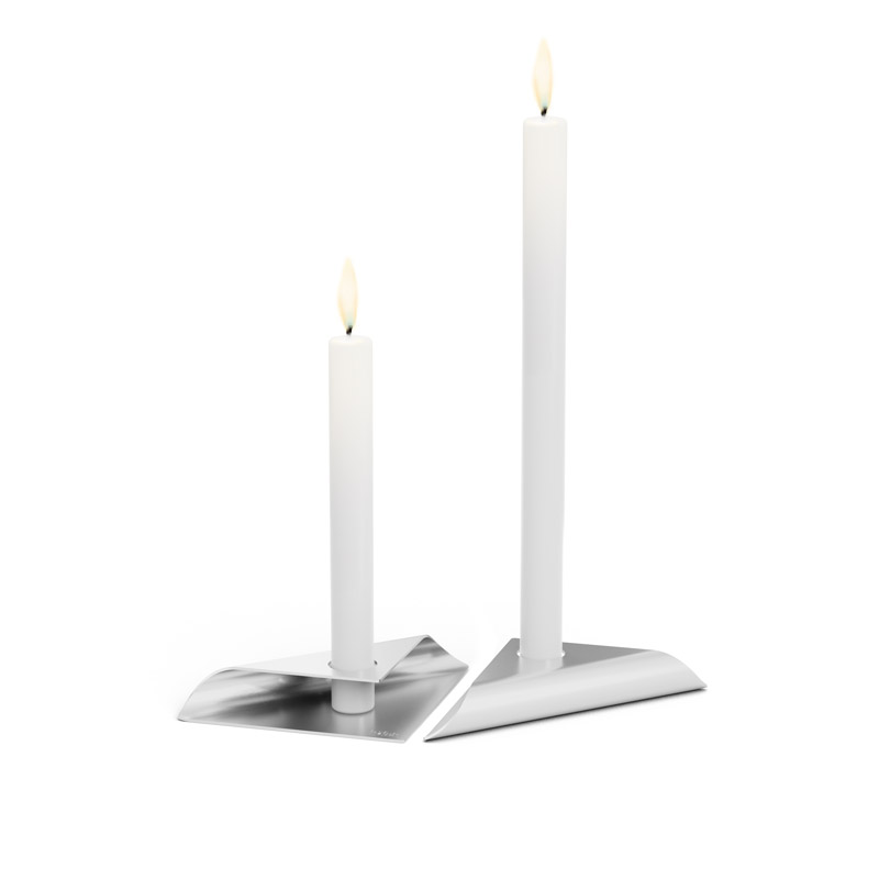 Illustrated is a pair of candles on a white background, with the SQUARE CANDLE Candleholder silver.