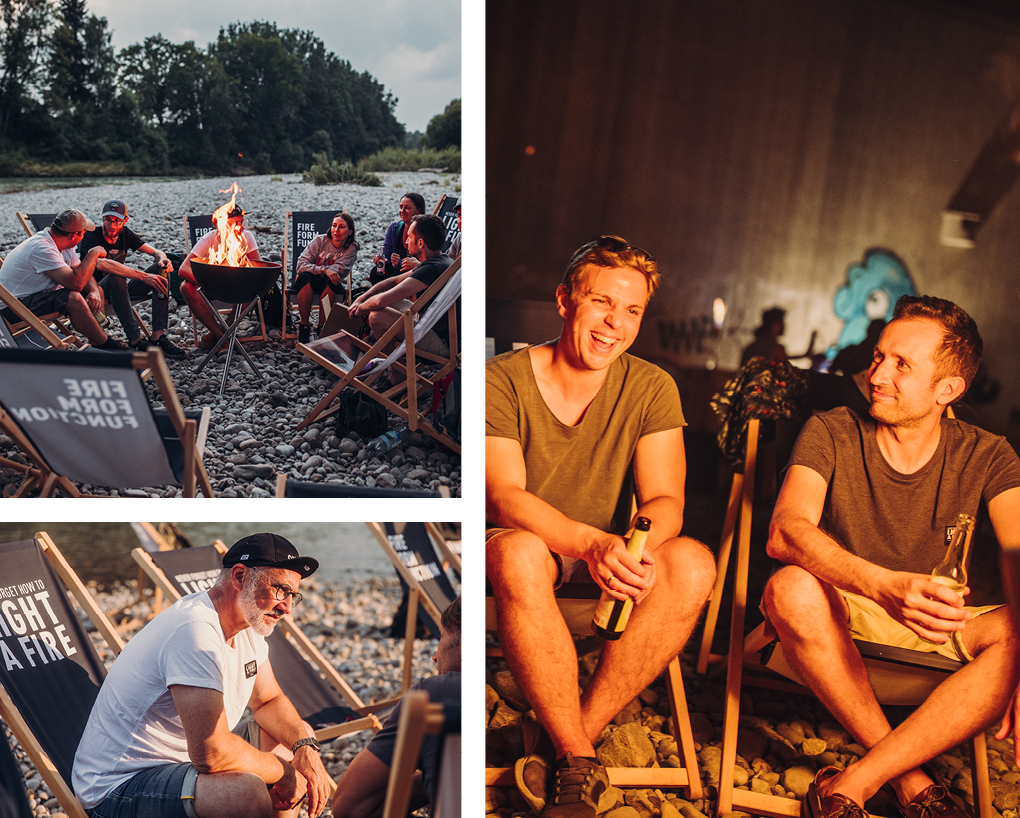 a group of people sitting around a fire.