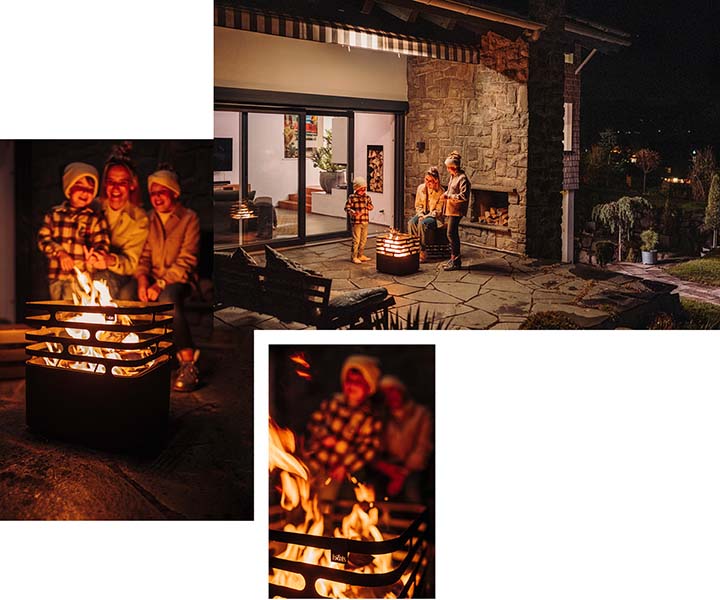 a couple sitting around a fire pit
