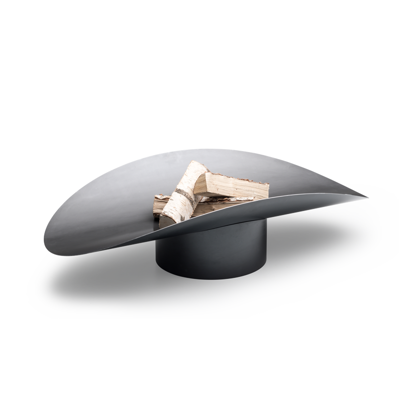 The photo presents a black hat with a pile of wood, with the ELLIPSE Fire Bowl.