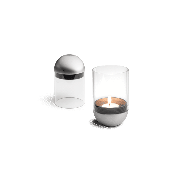 A view of a candle with a glass holder and a metal lid, with the LOGO GRAVITY CANDLE M90 Lantern.