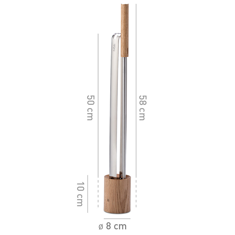 An inviting scene with a wooden base and stainless steel pole showing the measurements of the 00251 Fire Tools Set 3 pcs