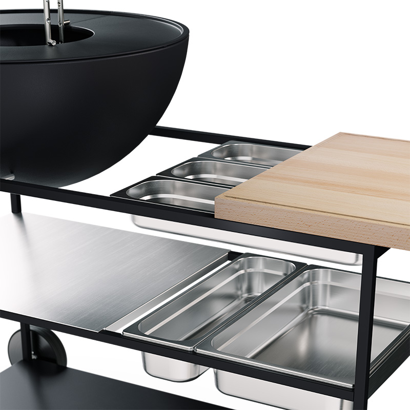 a black metal frame with a wooden cutting board and stainless steel container, showing the refined touch of the 00764 FIRE KITCHEN Stainless Steel Container Set (5 pcs)