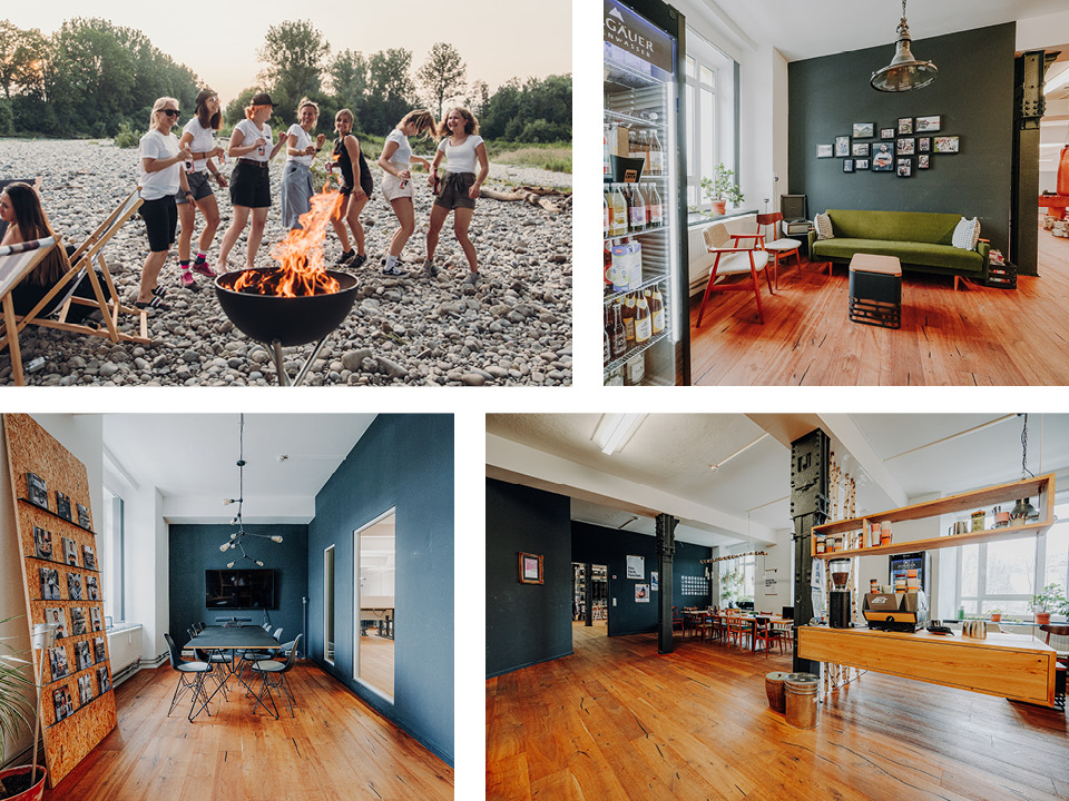 A view of four pictures of a family having a fire pit