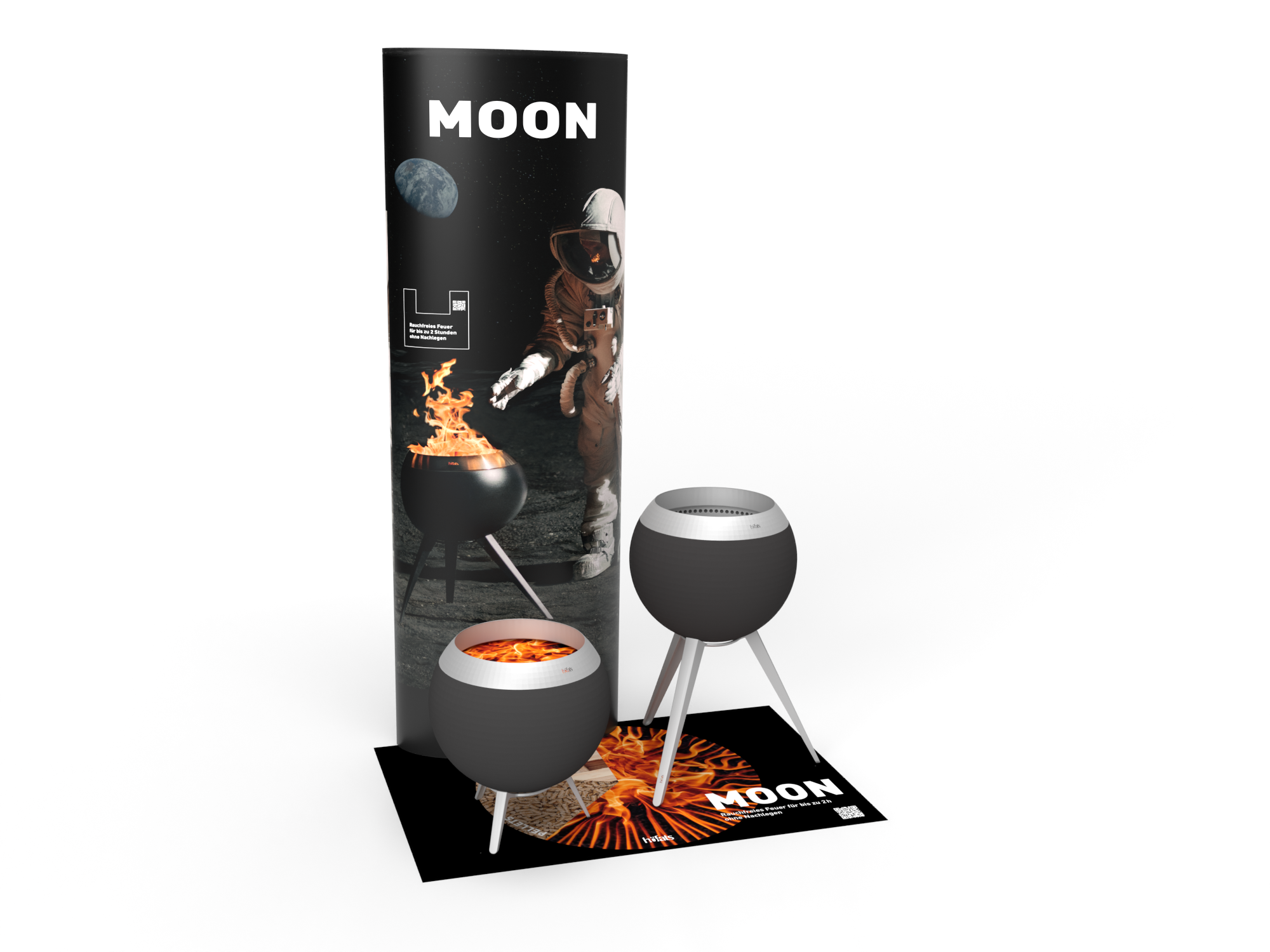 A cardboard column with an astronaut on it and a carpet with two variants of the MOON 45. Showing the MOON POS Set