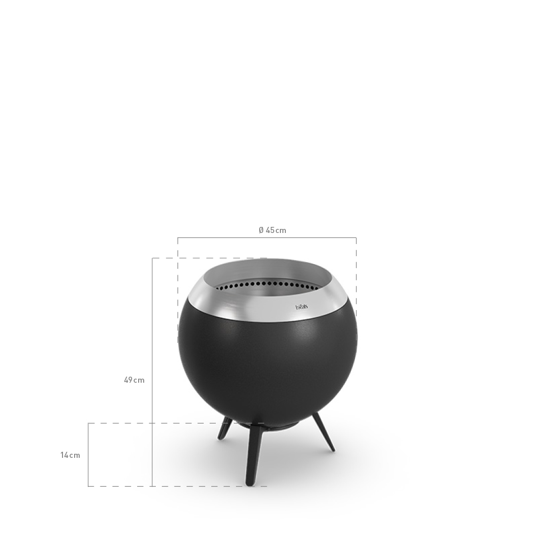 Scene showing the black fire pit is shown with measurements, where the 00716 Moon 45 with low stand stands out for its practical elegance.