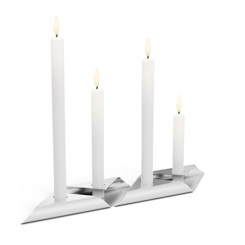 SQUARE CANDLE Candleholder silver This image shows a pair of candles with a white candle holder, with the SQUARE CANDLE Candleholder Set silver.