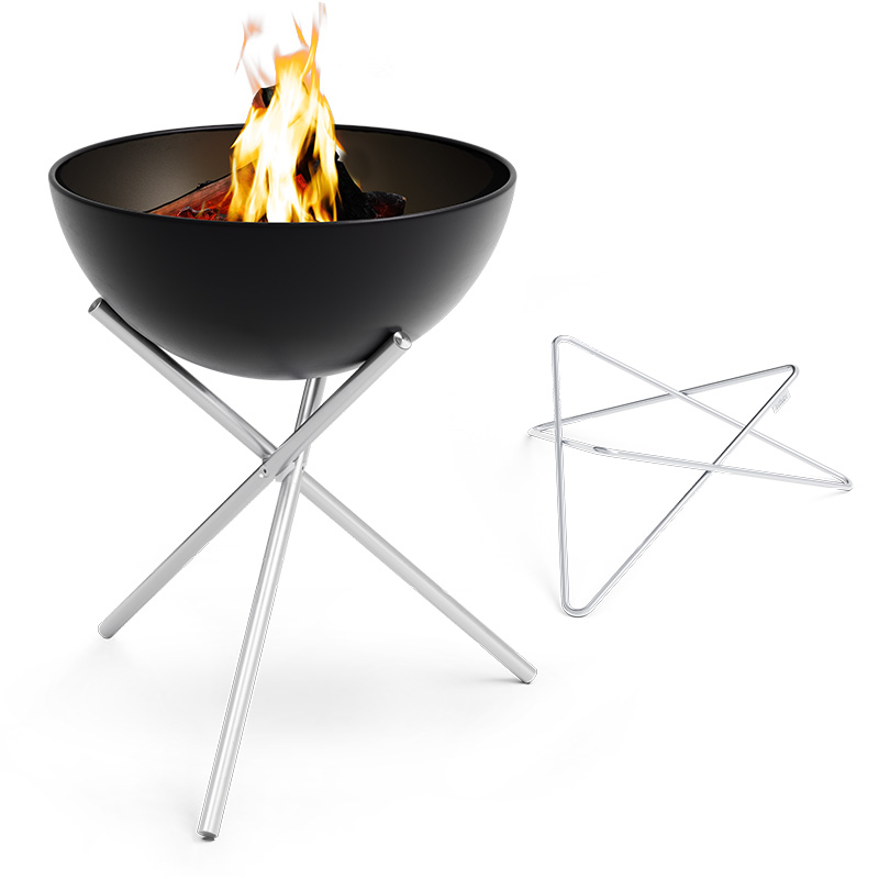 BOWL 70 Fire Lounge Set flex A fire pit with a metal stand and a fire, with the 00259 Bowl 70 Star Stand adding a functional and elegant touch to the scene.