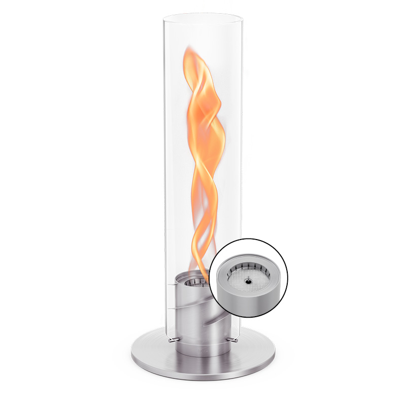 SPIN 1500 Pedestal Fireplace silver The 00509 Spin 1500 Tablefire silver is shown as a Tablefire with a metal stand, creating a stylish and accessible visual.