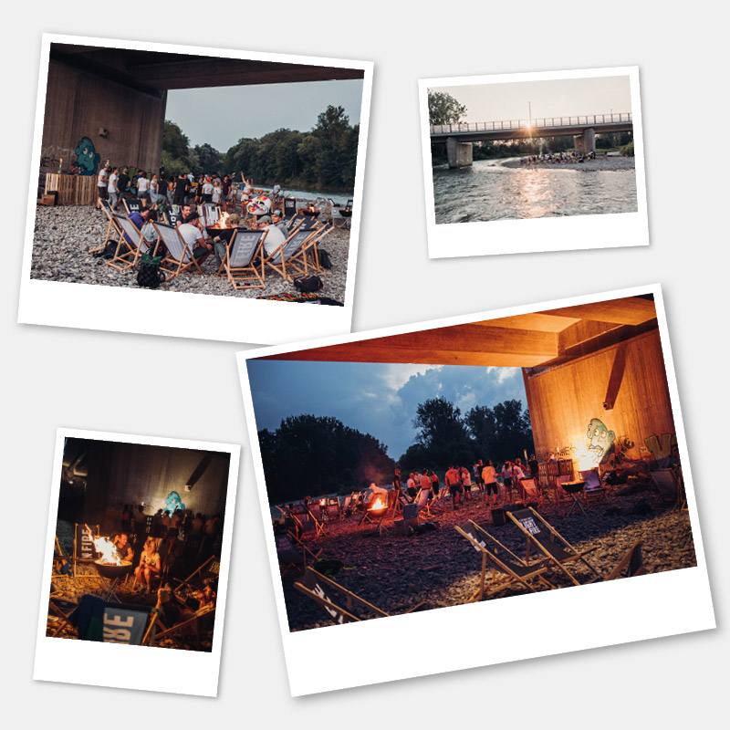 This image shows a group of people sitting around a campfire