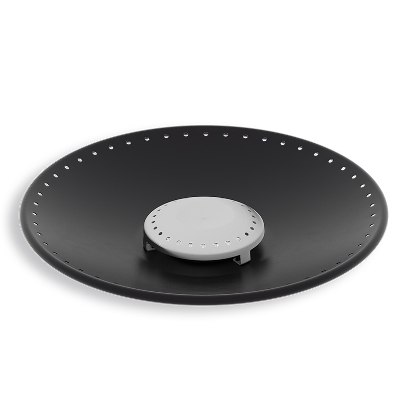 The photo presents a black and white circular fire pit cover, with the BOWL 70 Ash Tray.
